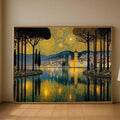 Gustav Klimt cityscape wall art with gold starry sky and blue-green water