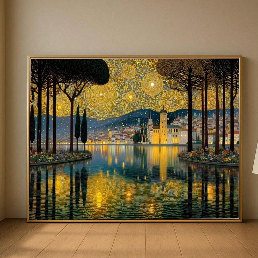 Gustav Klimt cityscape wall art with gold starry sky and blue-green water