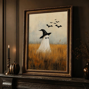 Witch-hat ghost painting with bats above amber grass in an ornate mantel frame