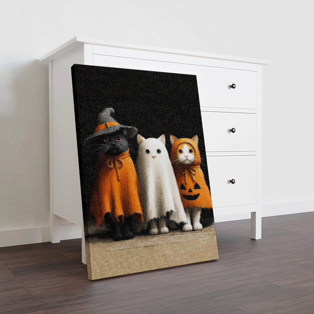 Add a touch of eerie charm to your living space with this Halloween Cats Canvas Wall Art. Featuring cats in spooky costumes, this print creates a festive atmosphere perfect for your living room, sofa backdrop, or bedside decoration. Crafted to enhance your home decor, it blends seasonal spirit with artistic flair, making it an ideal choice for those who appreciate unique and thematic wall art.