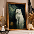 Gothic Halloween cat wall art in an ornate gold frame above a candlelit mantel