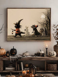 Halloween ghost and black kitten canvas poster in a seasonal living room