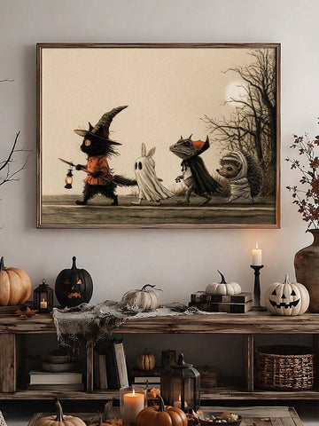 Halloween ghost and black kitten canvas poster in a seasonal living room