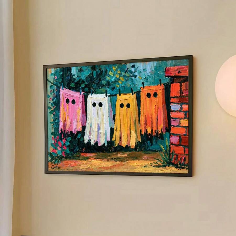 Halloween ghost laundry canvas poster in black frame