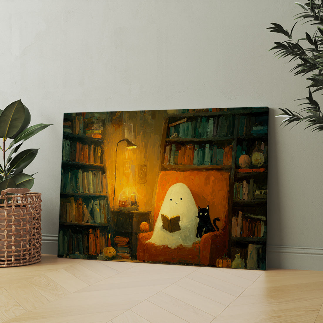 Elevate your home decor with this Halloween Ghost Reading Canvas Wall Art, featuring a captivating library scene and a mysterious black cat. Perfect for living rooms, sofa backdrops, or bedside decoration, this piece adds a subtle yet sophisticated spooky ambiance. Crafted to blend seamlessly with various interior styles, it brings a unique seasonal charm while maintaining an elegant aesthetic. Ideal for those who appreciate thematic art that enhances atmosphere without overwhelming the space.