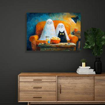 Add a touch of festive charm to your living space with this Halloween Ghost and Black Cat Canvas Wall Art. Featuring a whimsical movie night scene, it creates a cozy and playful atmosphere perfect for your living room, sofa backdrop, or bedside decoration. Crafted to enhance your home decor, this canvas combines seasonal spirit with artistic flair, making it an expert choice for those seeking unique and stylish Halloween accents.