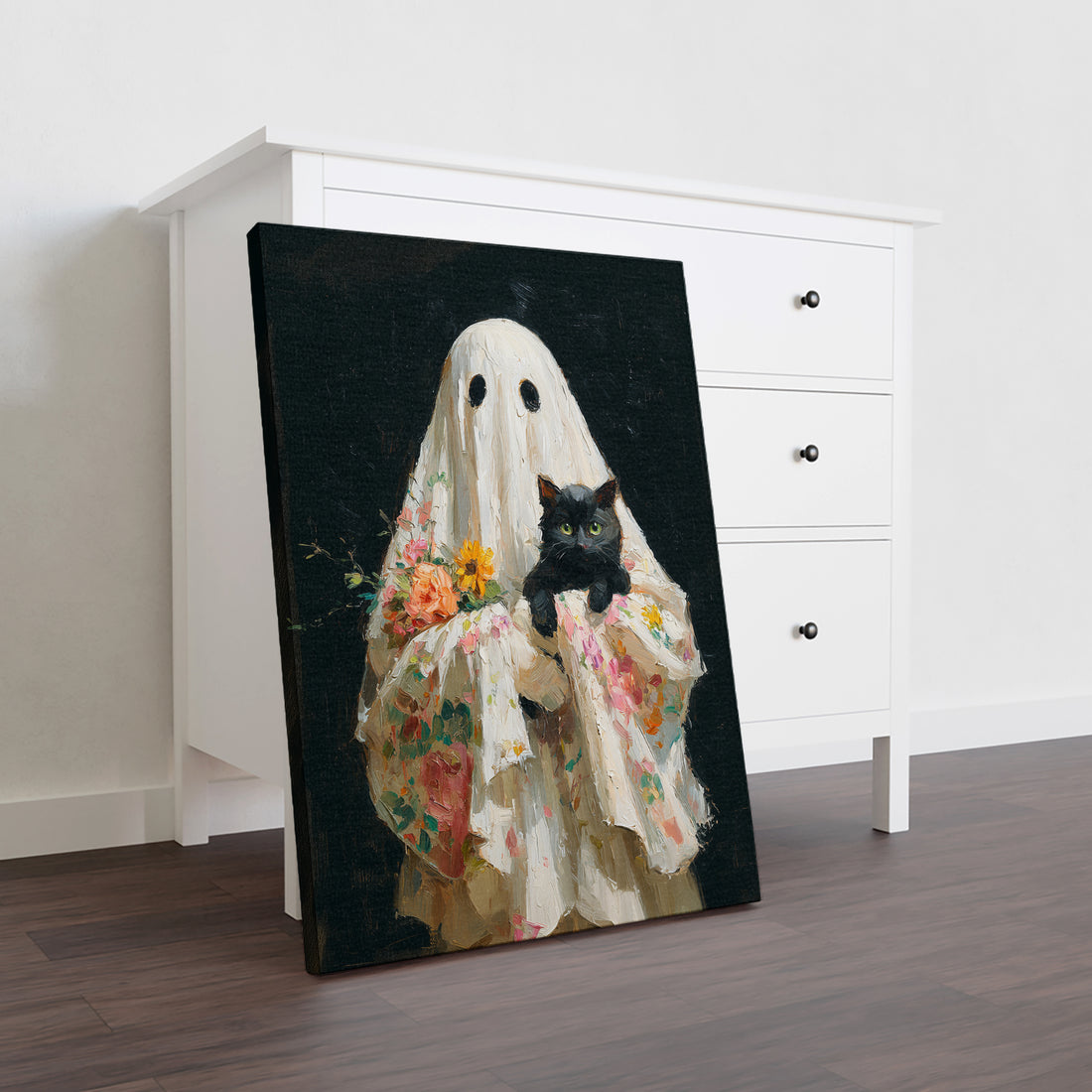 Elevate your home ambiance with this Halloween Ghost and Black Cat oil painting on canvas. Expertly crafted, it features a hauntingly beautiful design perfect for living rooms, sofa backdrops, or bedside decoration. The high-quality canvas and vivid colors ensure lasting appeal, making it an ideal seasonal accent that blends artistry with festive charm.