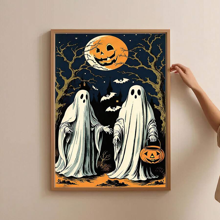 Set a playful haunted mood with this expressive vintage Halloween wall art. Two sheet-like ghosts stand beneath a huge glowing jack-o’-lantern moon, surrounded by twisted bare branches, flying bats, distant haunted-house silhouettes, and tiny stars.