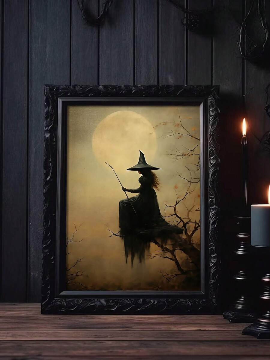 Gothic witch moon canvas poster in a black ornate frame with candles