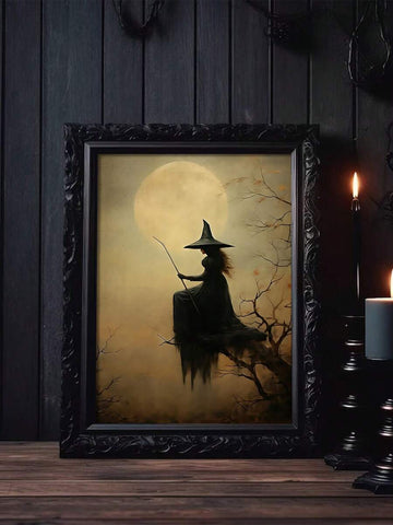 Gothic witch moon canvas poster in a black ornate frame with candles