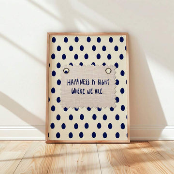 Bring warmth and positivity into your space with this charming Canvas poster featuring the uplifting phrase "Happiness Is Right Here" set against a timeless navy blue polka dot background. The combination of elegant typography, classic patterns, and calming colors creates a cheerful yet sophisticated piece that serves as a daily reminder to appreciate life's simple moments. Its versatile design blends beautifully with modern, coastal, farmhouse, and minimalist interiors.