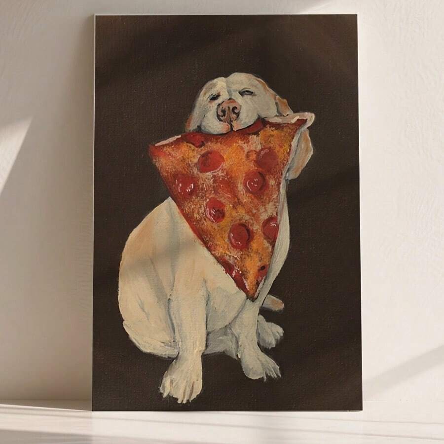 White dog holding a pepperoni pizza slice in dark-background artwork displayed on a shelf
