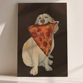 White dog holding a pepperoni pizza slice in dark-background artwork displayed on a shelf