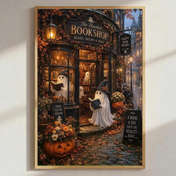 Haunted bookstore ghosts reading book canvas poster