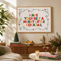 Retro Christmas cocktail canvas poster with festive string-light border