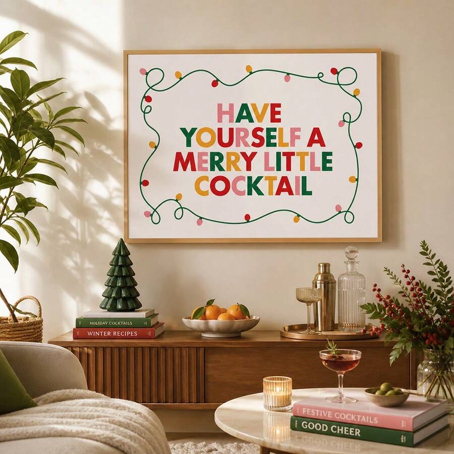 Retro Christmas cocktail canvas poster with festive string-light border