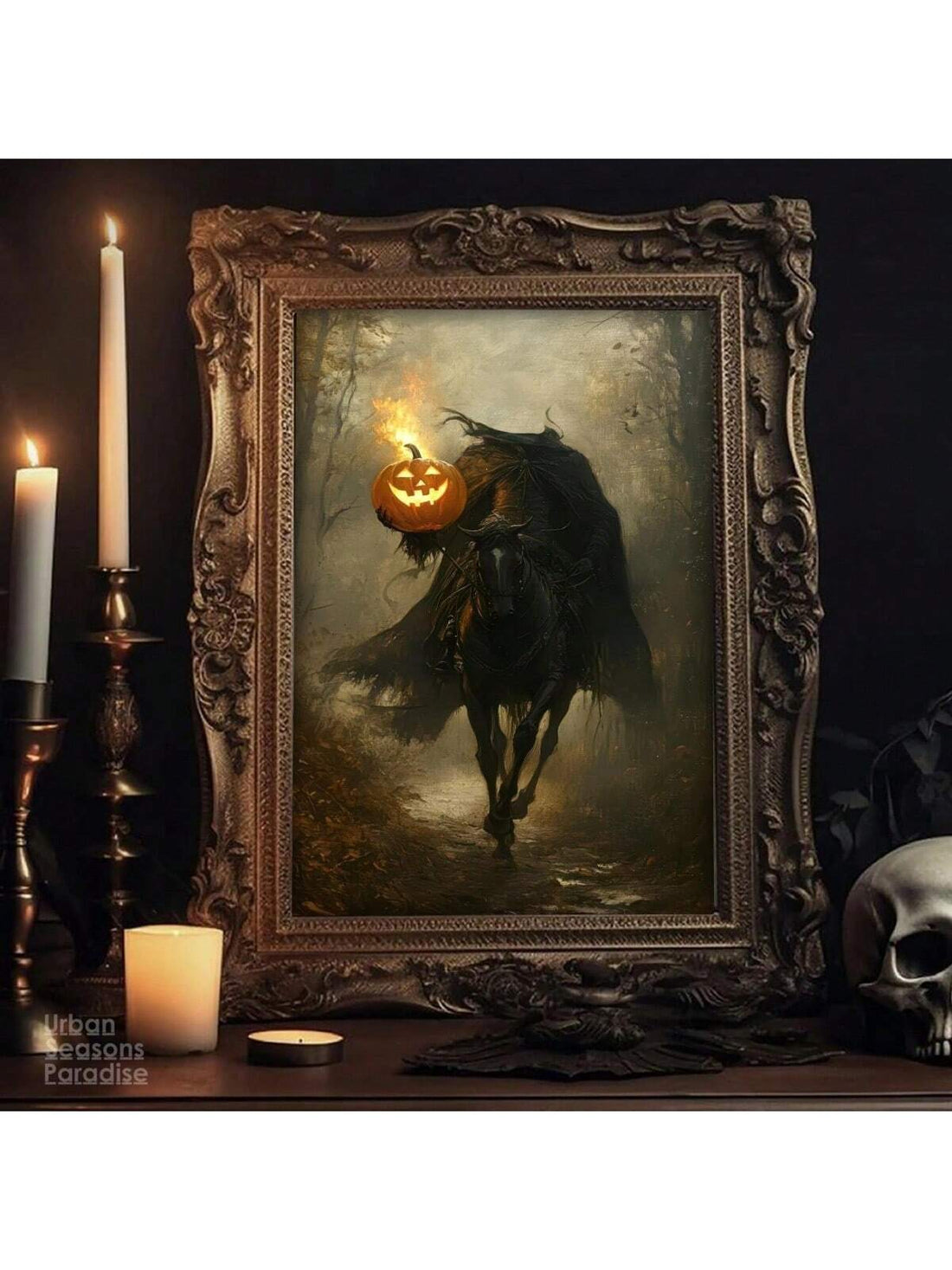 Capture the eerie essence of Halloween with this Headless Horseman Gothic oil painting. Printed on high-quality vintage-style canvas, this artwork brings a hauntingly authentic atmosphere to your seasonal decor. Its detailed brushwork and dark, moody tones evoke classic gothic horror, making it an ideal centerpiece for creating a spooky ambiance. Perfect for collectors and enthusiasts of gothic art, this canvas print adds a timeless, chilling touch to any room during the Halloween season.