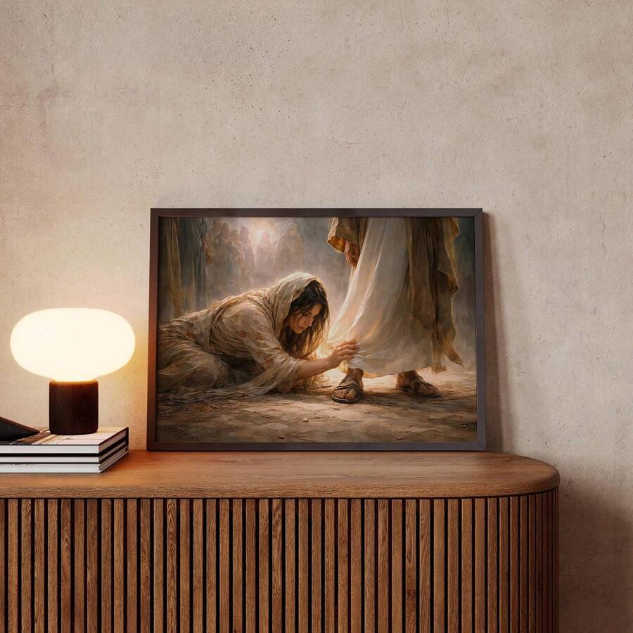 Christian biblical wall art showing woman touching a robed figure’s garment