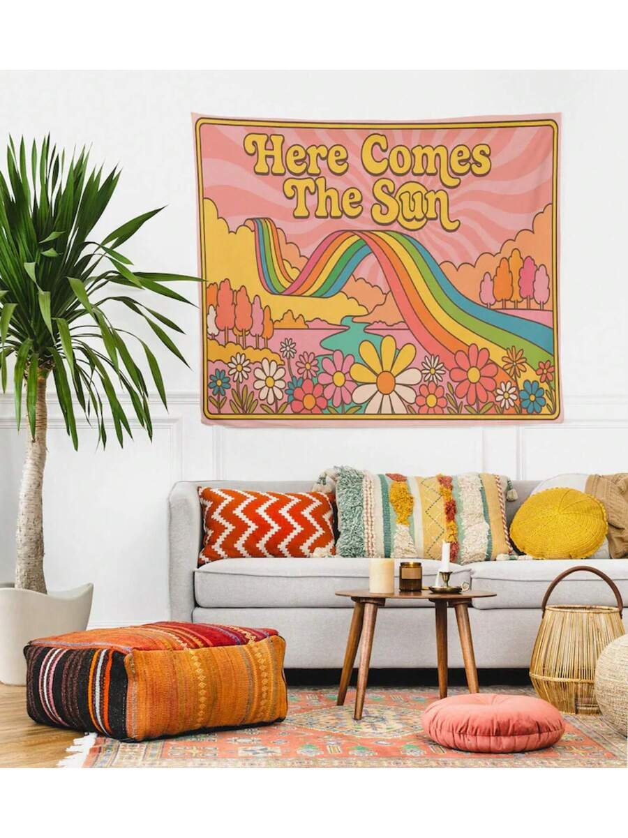 Here Comes The Sun retro rainbow tapestry above sofa in boho living room