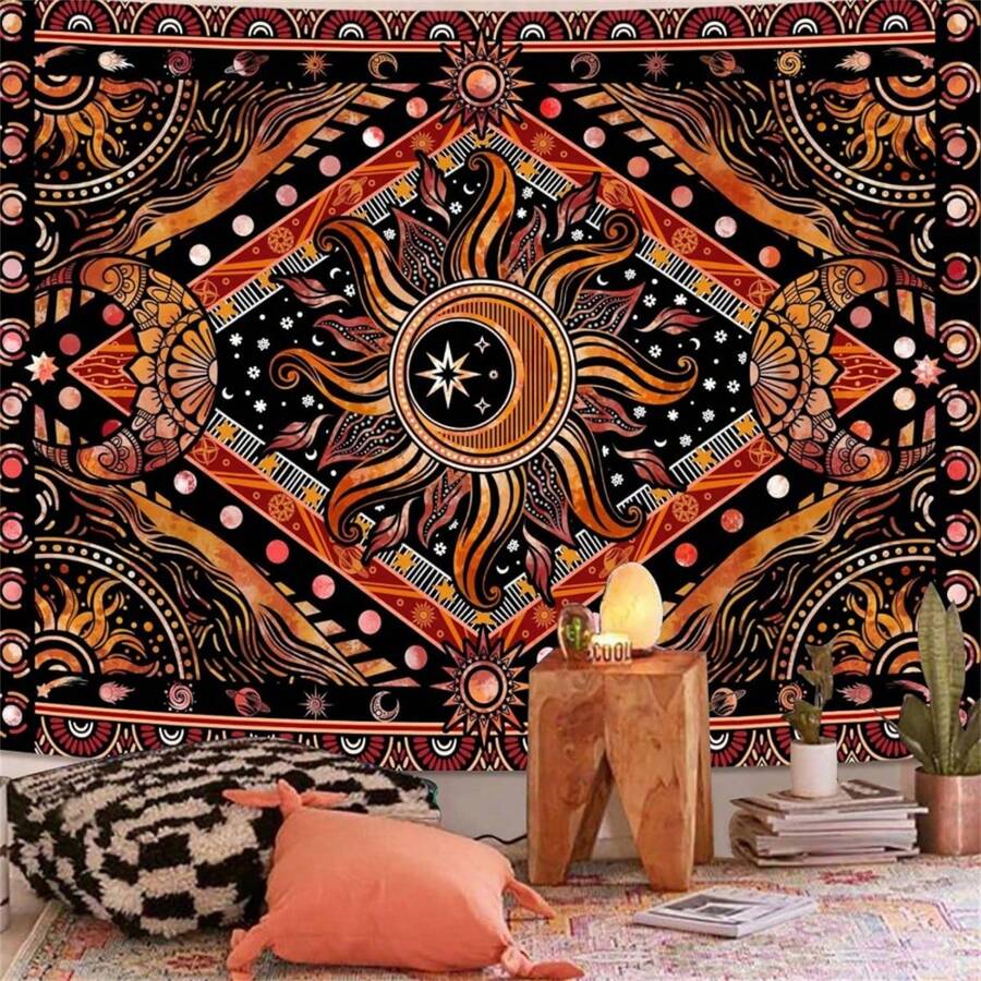 Hippie sun moon tapestry with stars and planets