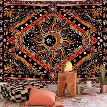 Hippie sun moon tapestry with stars and planets