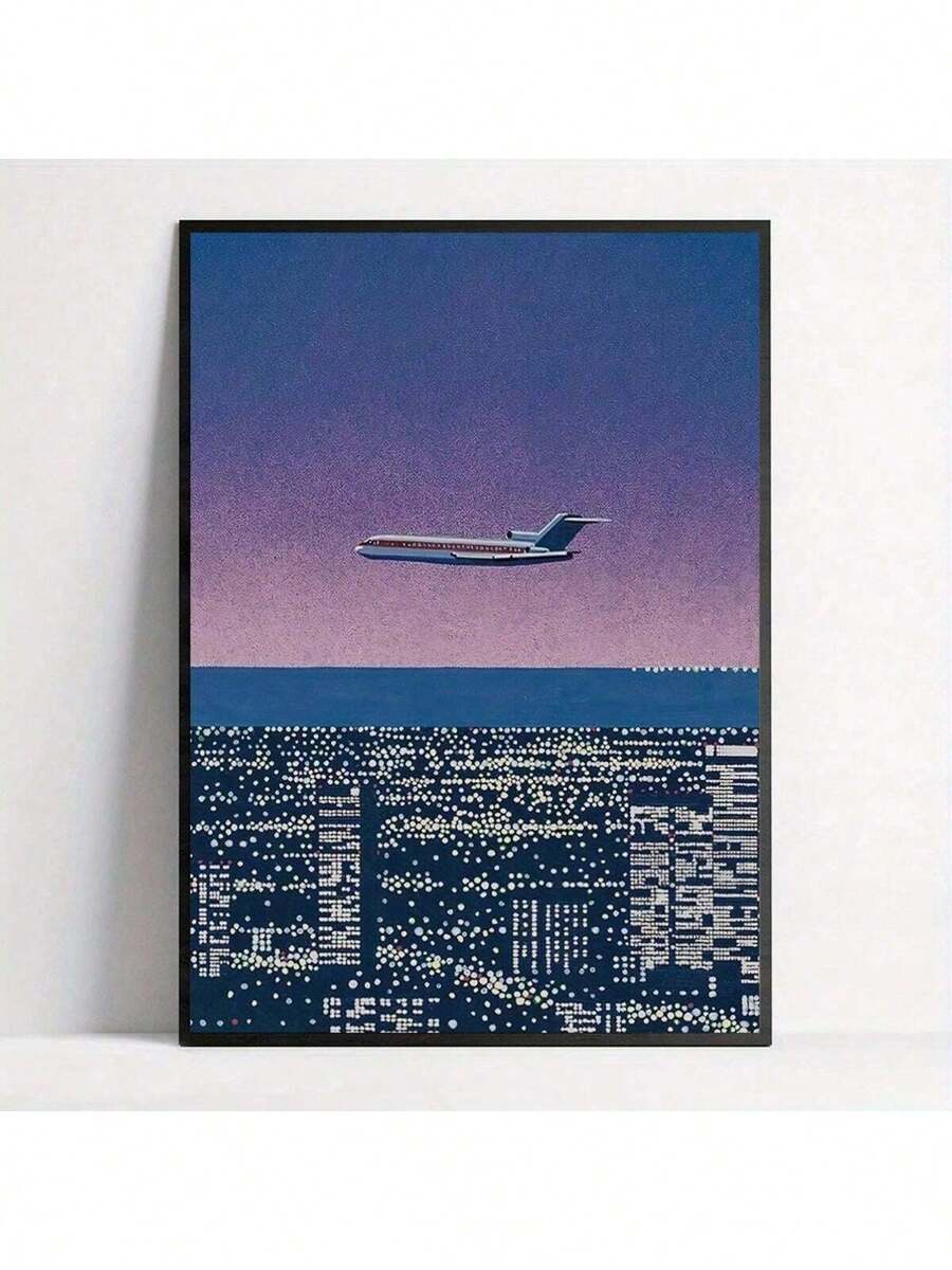 Framed retro art print showing a passenger jet above a twilight ocean and patterned city lights