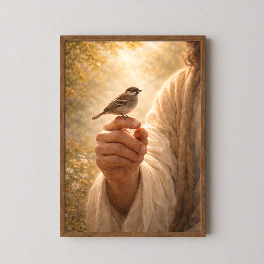 Jesus holding sparrow Christian wall art in wood frame