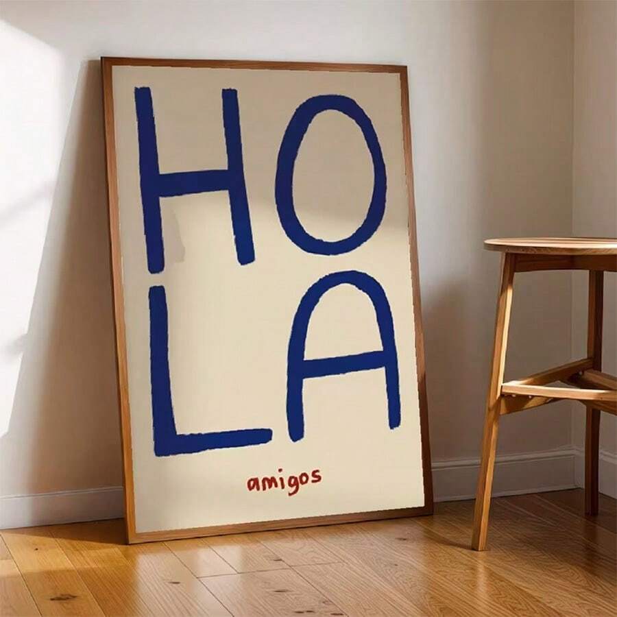 Framed HOLA amigos Spanish quote canvas poster on cream background