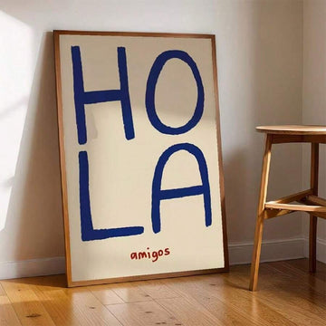 Framed HOLA amigos Spanish quote canvas poster on cream background
