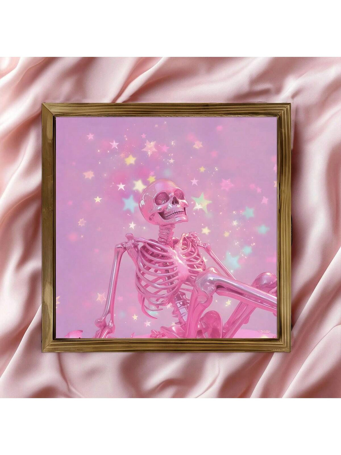 Elevate your Halloween decor with this Holographic Pink Skeleton Canvas Wall Art. Featuring a striking pink skeleton design with a holographic finish, this framed piece adds a modern, aesthetic touch to your spooky season setup. Perfect for creating a unique atmosphere, it blends eerie charm with contemporary style, making it an ideal statement piece for any Halloween enthusiast. Durable and visually captivating, it enhances your space with both color and character.
