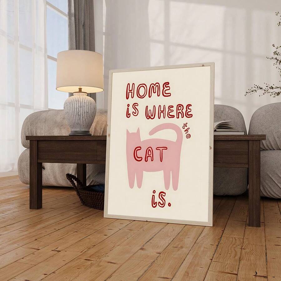 Home Is Where The Cat Is pink cat wall art