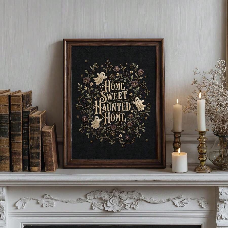 Framed Home Sweet Haunted Home ghost floral art on a mantel with candles