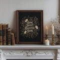 Framed Home Sweet Haunted Home ghost floral art on a mantel with candles