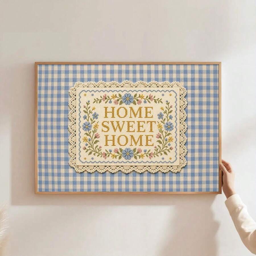 Home Sweet Home floral cross-stitch-style wall art with blue gingham and lace-look border