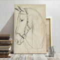 Beige horse bridle sketch beside stacked books and a metal pitcher