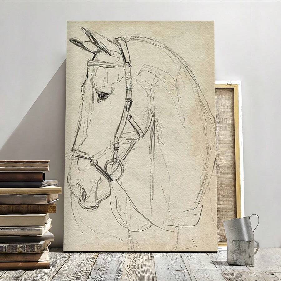 Beige horse bridle sketch beside stacked books and a metal pitcher