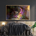 Capture the delicate beauty of nature with this stunning hummingbird canvas art. Featuring a vibrant hummingbird suspended among purple blooms against a rich, dark background, this piece brings sophisticated elegance to any room.