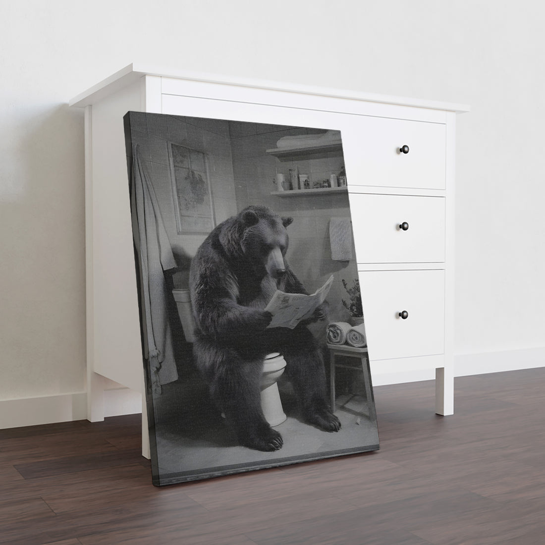 Bring unexpected humor into your home with this striking black and white photography print featuring a curious black bear in a bathroom setting. This canvas wall art captures a delightfully absurd moment that sparks conversation and laughter among guests. Perfect for living rooms, bedside walls, or above sofas, it combines artistic quality with witty charm