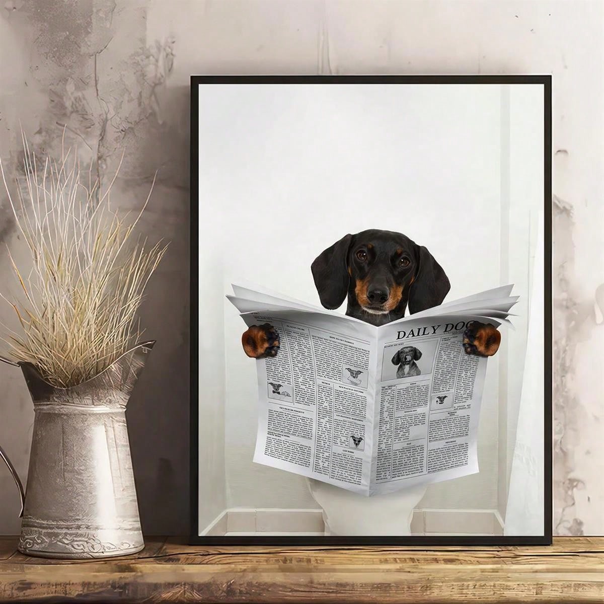 Add a touch of humor to your home with our canvas art featuring a dachshund reading the newspaper on the toilet. Perfect for dog lovers, this unique piece will bring a smile to your face. Made with high-quality materials, this art is sure to impress.