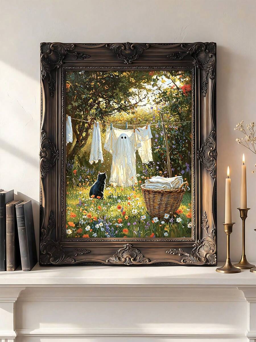 Humorous Ghost Laundry & Black Cat Vintage Spooky Halloween Canvas Poster