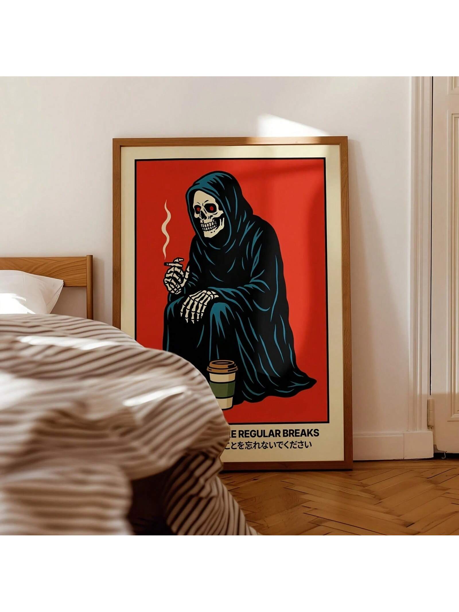 Add a touch of dark humor to your space with this Humorous Skeleton 'Death Rest' poster. Printed on high-quality black canvas, it combines aesthetic appeal with a witty design, making it an ideal statement piece for modern homes or offices. Its minimalist yet striking look complements contemporary decor while sparking conversation and lightening the mood. Durable and easy to hang, this art piece offers a unique blend of style and personality for those who appreciate clever, edgy artwork.