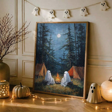 Ghost camping wall art with moonlit forest, tents, and campfire