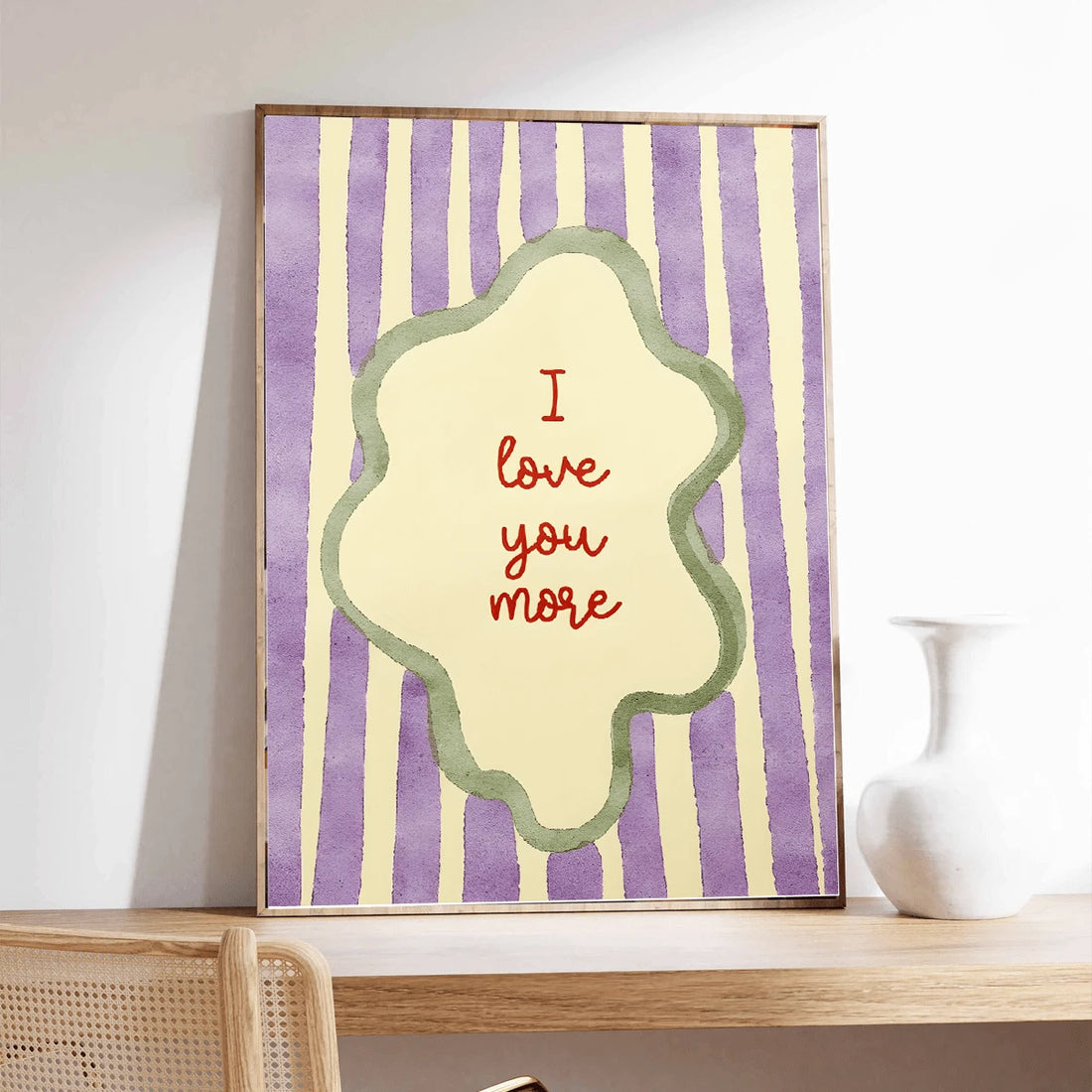 Purple striped watercolor poster with red I love you more lettering and sage outline