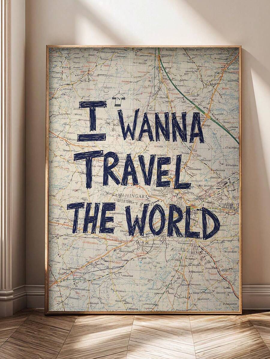 Travel quote wall art with I wanna travel the world text on vintage map background