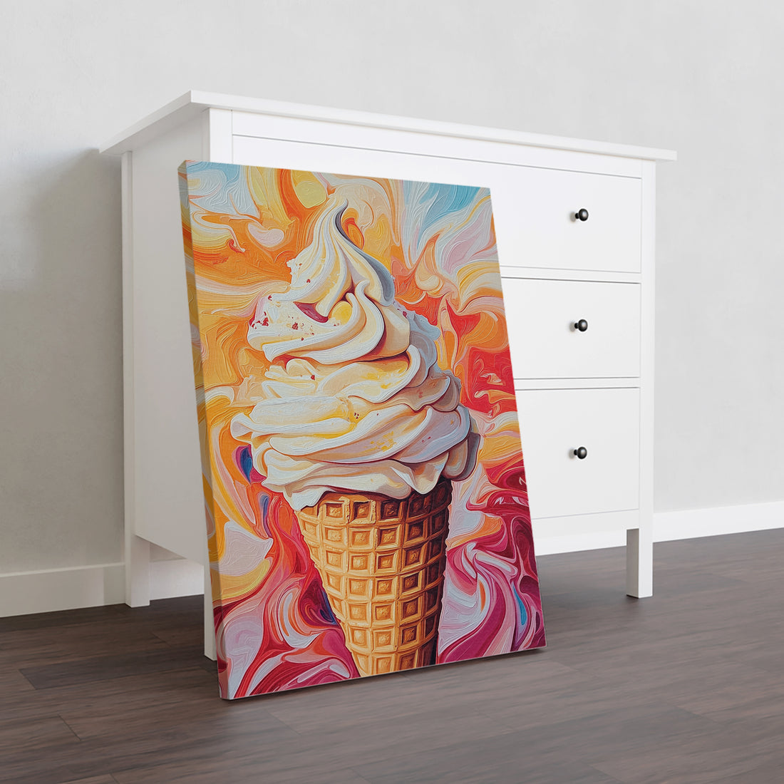 Enjoy your favorite dessert all day long with our Ice Cream Cone Canvas Wall Art. Perfect for the living room, sofa backdrop, bedside, or any space in need of a sweet touch. Add a pop of color and whimsy to your home decor with this fun and vibrant piece. Made with high-quality canvas, it will last for years to come.