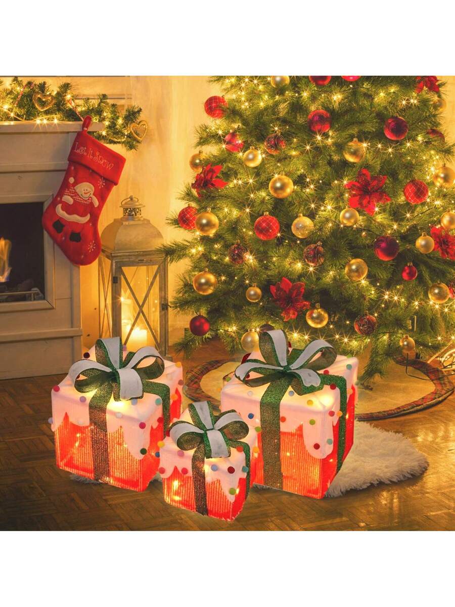 Transform your holiday décor with this versatile 3-piece lighted gift box set, featuring eight customizable LED modes to suit any festive ambiance. Each box combines elegant design with practical illumination, perfect for creating eye-catching displays both indoors and outdoors. The multiple lighting options—from steady glow to dynamic patterns—allow you to personalize your seasonal setup effortlessly