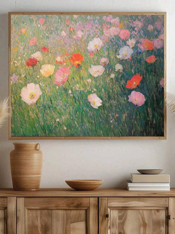 Impressionist wildflower meadow canvas print displayed above a wood console
