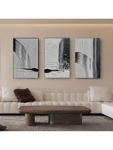 Elevate your living space with this expertly curated set of three black and white frameless abstract art prints. Designed for modern interiors, these prints offer a sophisticated blend of minimalism and artistic expression. Their frameless design allows seamless integration into any decor style, creating a striking visual impact while maintaining a clean, contemporary look. Perfect for adding depth and inspiration to your home or office environment.