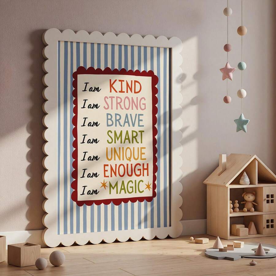 Inspire your child's confidence with this vibrant "I Am" affirmations canvas print. Featuring bold, modern lettering, this waterproof artwork displays empowering messages designed to build self-esteem and positive thinking. Perfect for nurseries, playrooms, and classrooms, it combines motivational text with contemporary design. The durable canvas construction ensures long-lasting color and quality, while the ready-to-hang frame makes installation effortless. A meaningful addition to any child's space that e