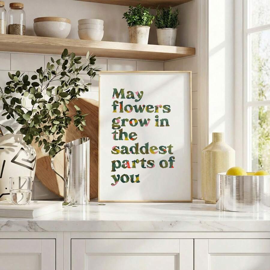 Transform your space with this stunning canvas art featuring an uplifting message: "May Flowers Grow In The Saddest Parts Of You." Perfect for bedrooms, home offices, or living areas, this piece combines vintage French country charm with modern sensibility. Crafted on durable, waterproof canvas, it blends botanical elements with inspiring typography to create a focal point that sparks conversation and encourages reflection. The soft, timeless aesthetic complements any décor style while delivering a daily do